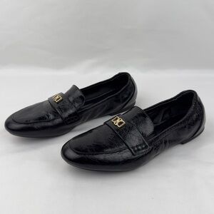 Black Leather Loafers Womens Sz 6 Slip On Comfort Gold Logo Casual